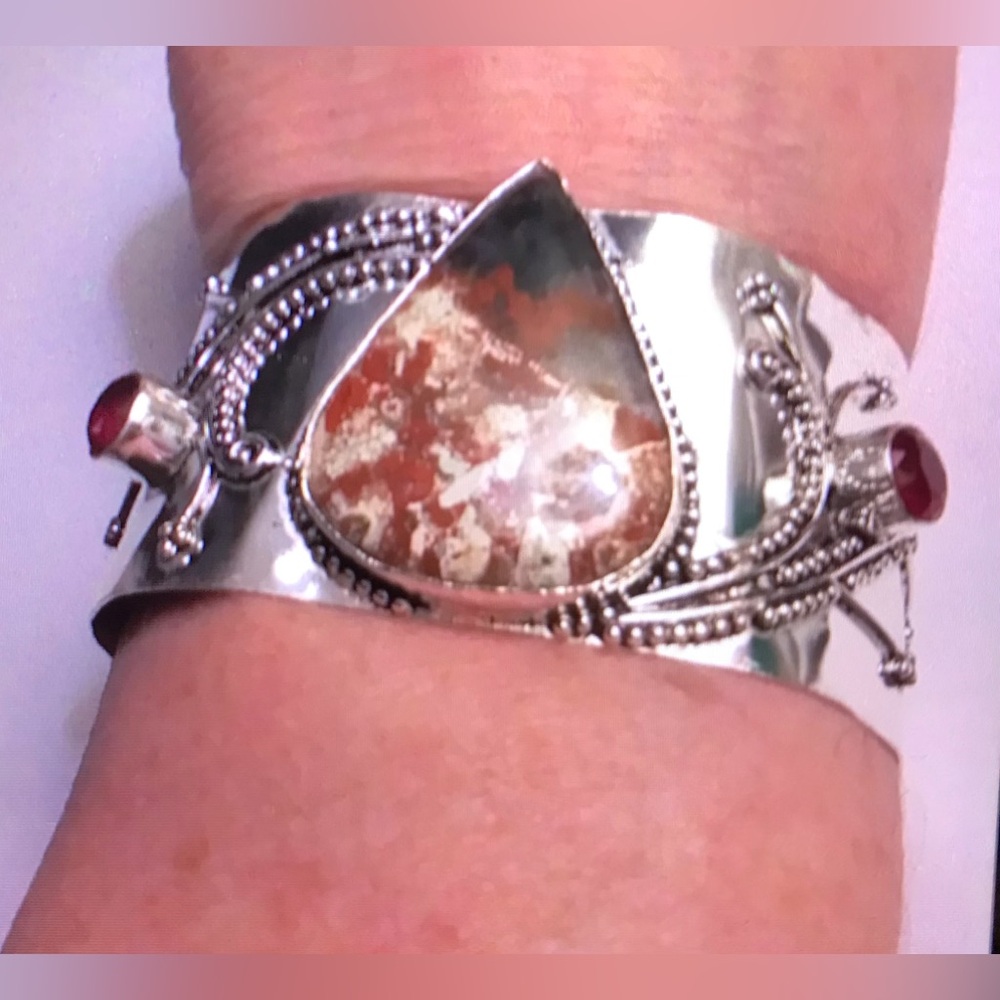 Red Jasper Garnet Stamped 925 Sterling Silver Cuff Bracelet